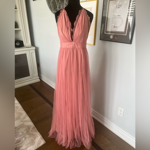 LUXXEL Elegant BARBIE pink V-neck Tulle Slit Maxi Dress Size Medium - Picture 5 of 14